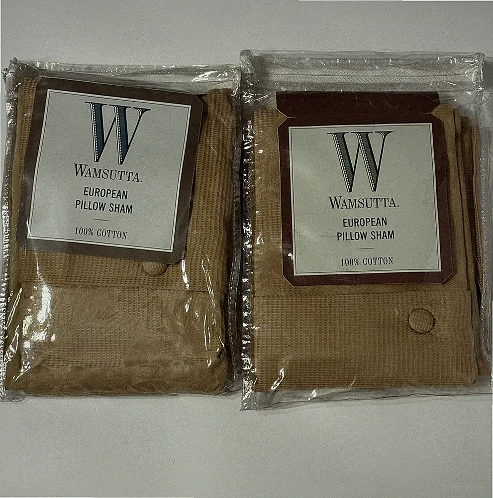 2 Wamsutta Honeycomb Damask European Pillow Shams 100% Cotton Tan Gold 26x26 NEW