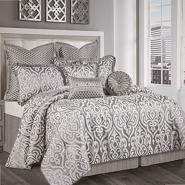 9-Piece Contemporary Jacquard Comforter Set, Luxury Damask Bedding Sets Queen, U