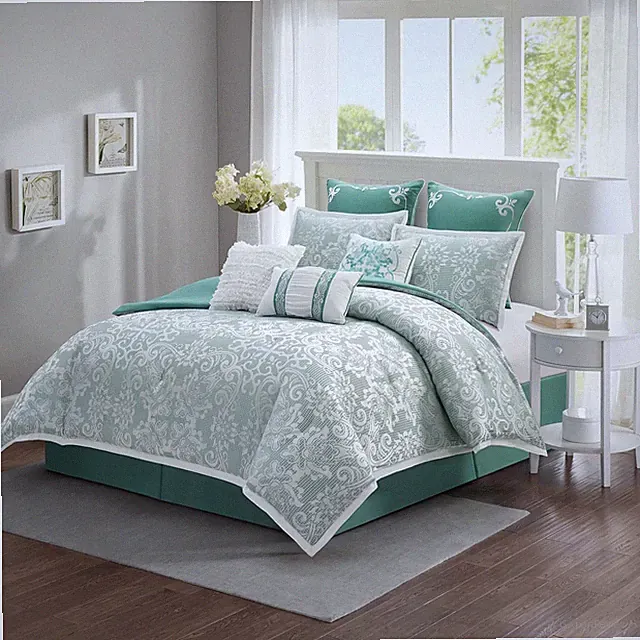 9-Piece King Sage Damask Comforter Set with Pillows & Bedskirt
