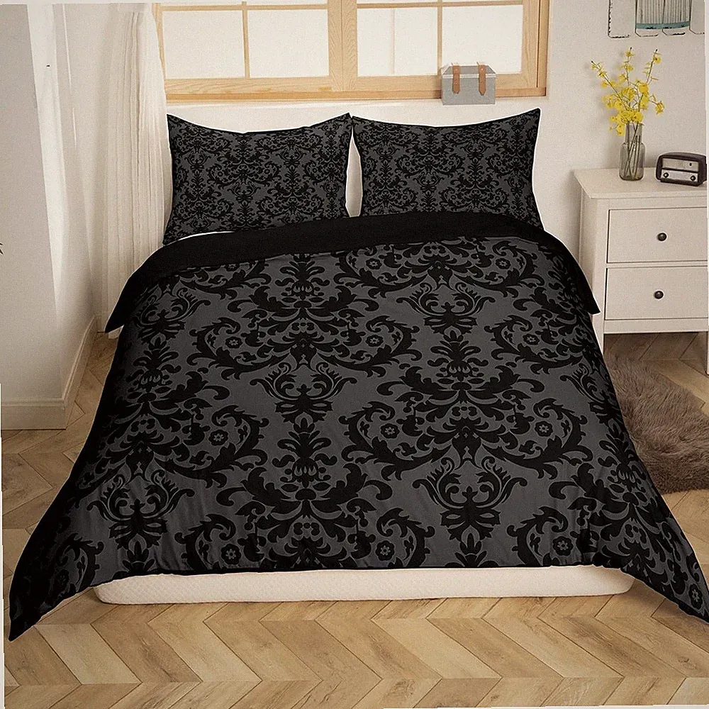 Adults Black Damask Bedding Set Antique Victorian Baroque Duvet Cover King Go...