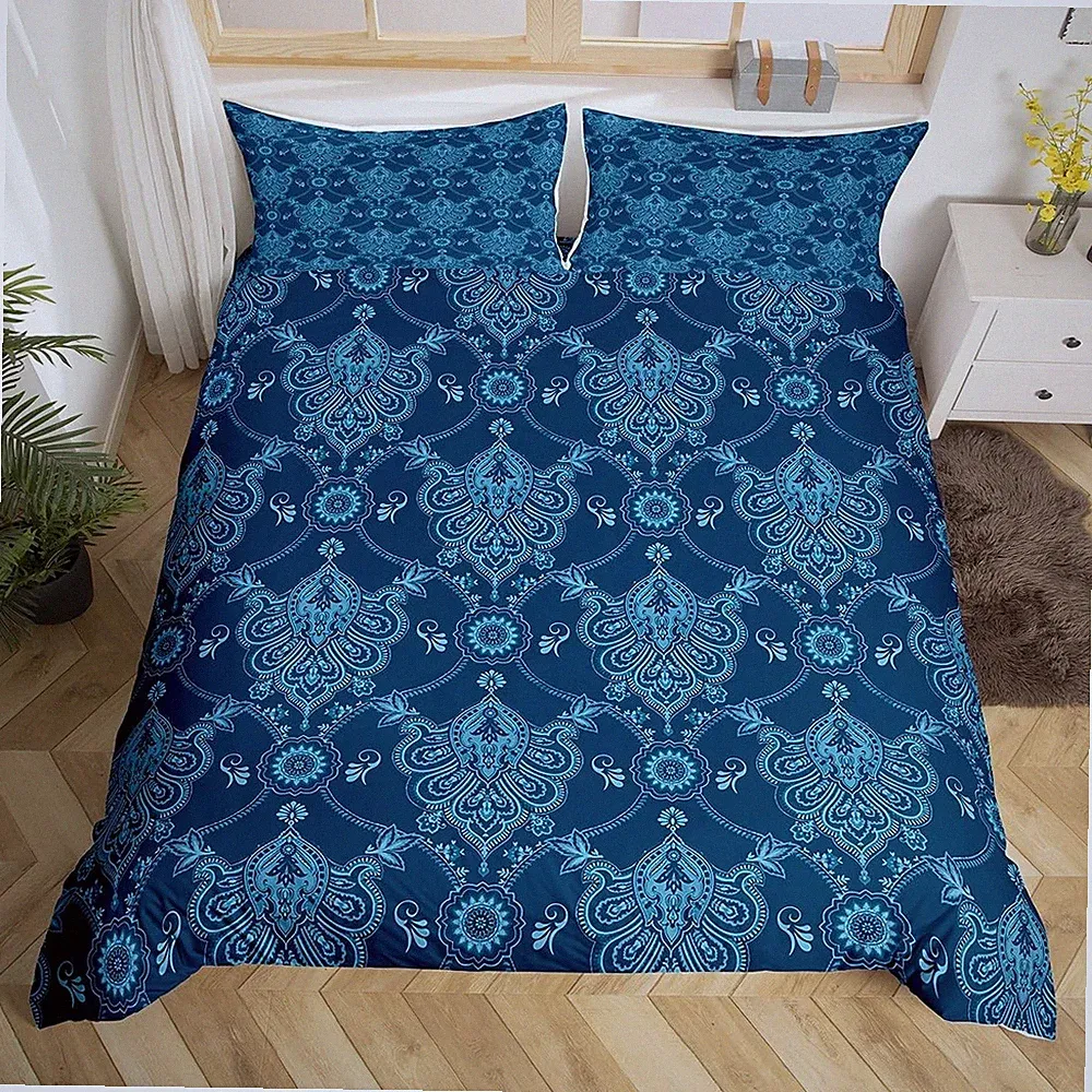 Adults Blue Vintage Damask Floral Bedding Set Antique Drawing Classical Paisl...