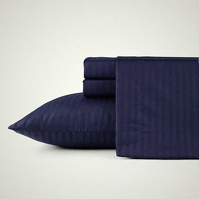BIBB HOME 1500 COUNT DAMASK STRIPE 4 PIECE SHEET QUEEN SET - NAVY