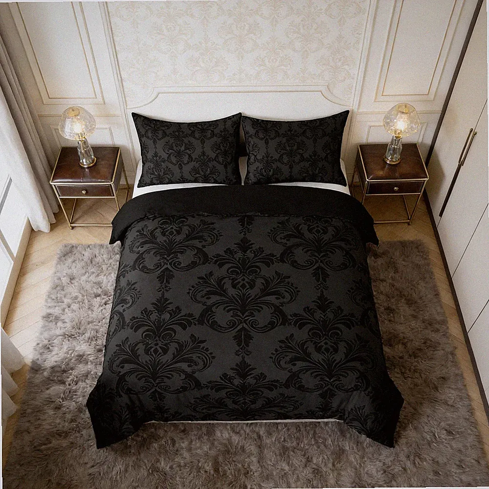 Black Damask Duvet Cover Set Queen Size, Gothic Vintage Damask Floral Bedding...