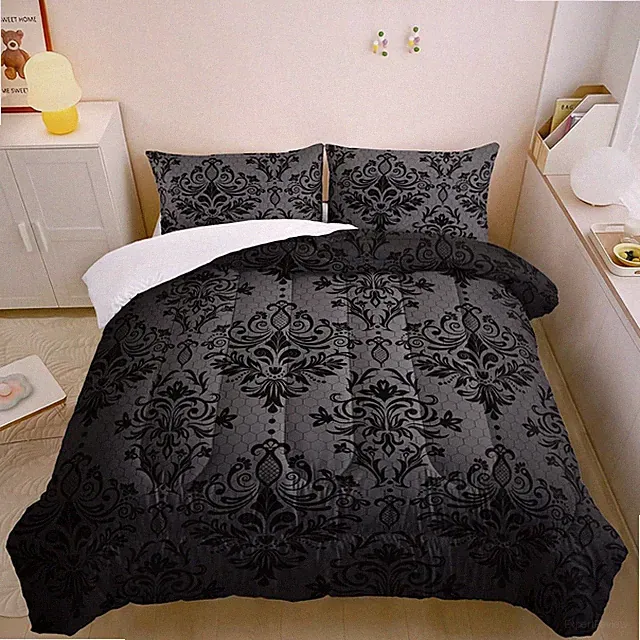 Black Gothic Floral Print Comforter Set Queen Size,Vintage Damask Floral Bedding