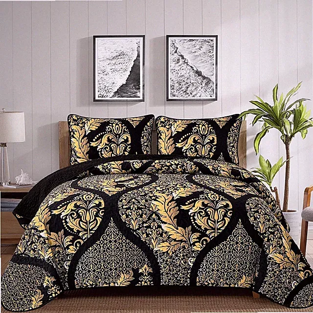 Black Quilt Set California King Size, Boho Gold Damask Bedspread Coverlet Set So
