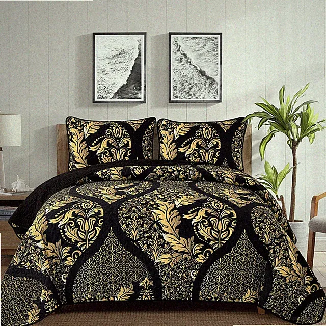 Black Quilt Set Queen Size, Boho Gold Damask Bedspread Coverlet Set Soft Ligh...