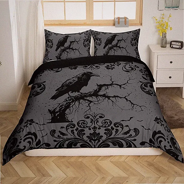 Black Raven Crow Bedding Set King Damask Floral Gothic Comforter Cover for Ad...