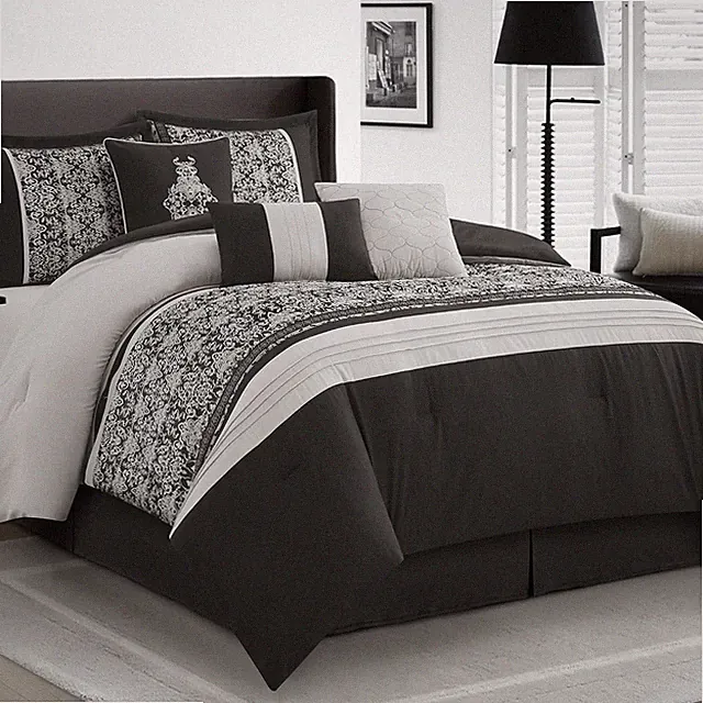 Black Silver King Comforter Set, Damask Jacquard with Matching Solid Piece Work