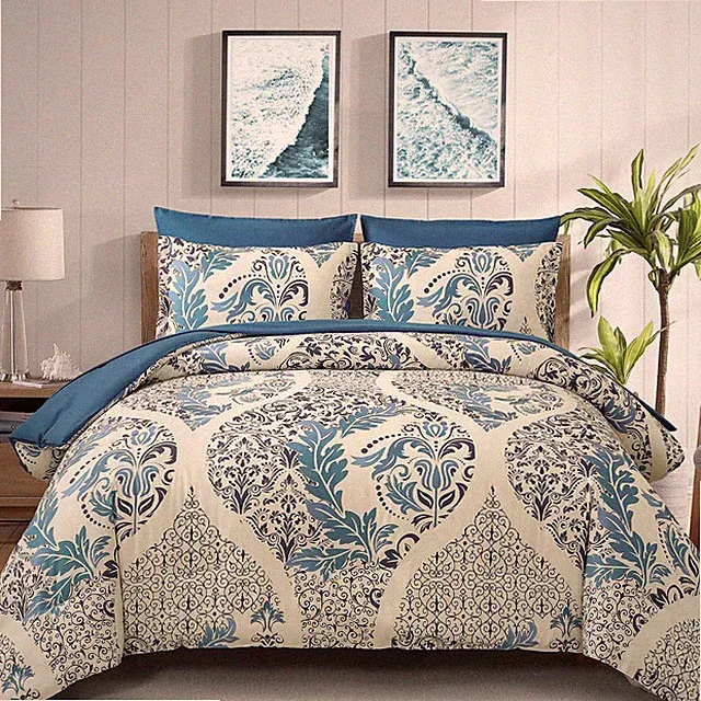 Blue Comforter Set Queen Size, 7 Pieces Bohemian Damask Comforter Set Soft Light