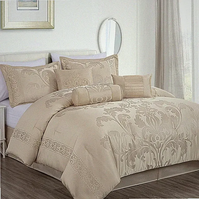 Champagne Beige Floral Damask 7 pc Comforter Set Full Queen Cal King Bedding