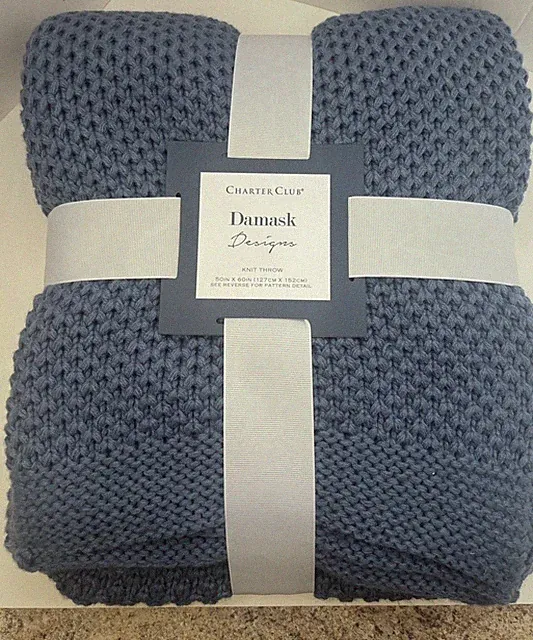 Charter Club Damask Honeycomb Throw Blanket 50in x 60 in Blue NEW