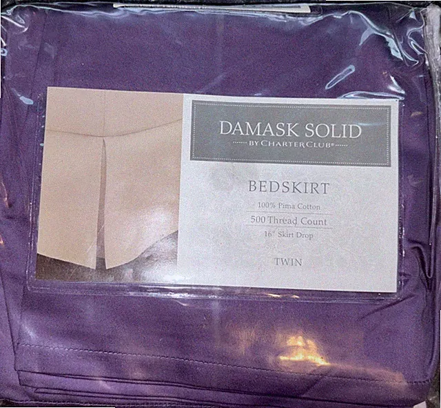 Charter Club Damask Solid TWIN BEDSKIRT 500 TC Purple 16" Drop Pima Cotton