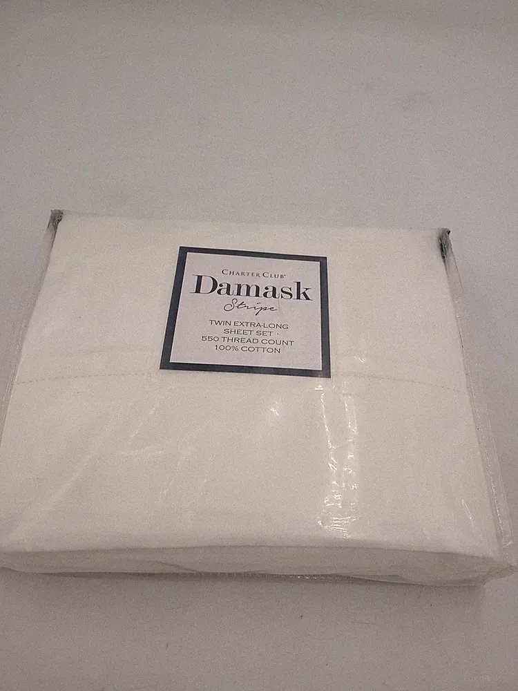 Charter Club Sheet Set Twin XL 550TC Cotton Damask Stripe White Bedding