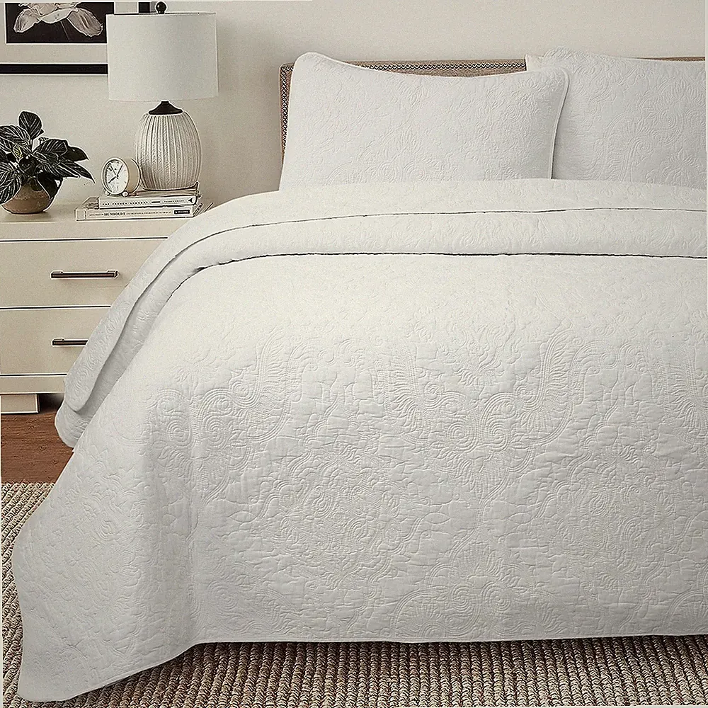 Classic Orient Damask Medallion Stitch Solid White 100% Cotton Quilt Bedding Set
