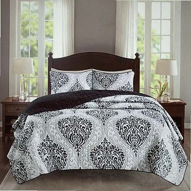 Coco 3 Piece Quilt Coverlet Bedspread Ultra Soft Printed Damask Pattern Hypoalle
