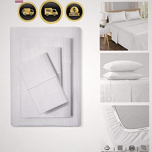 Cotton Bed Sheet Set King Size 4 Piece Damask Striped Hotel Luxury Bedding