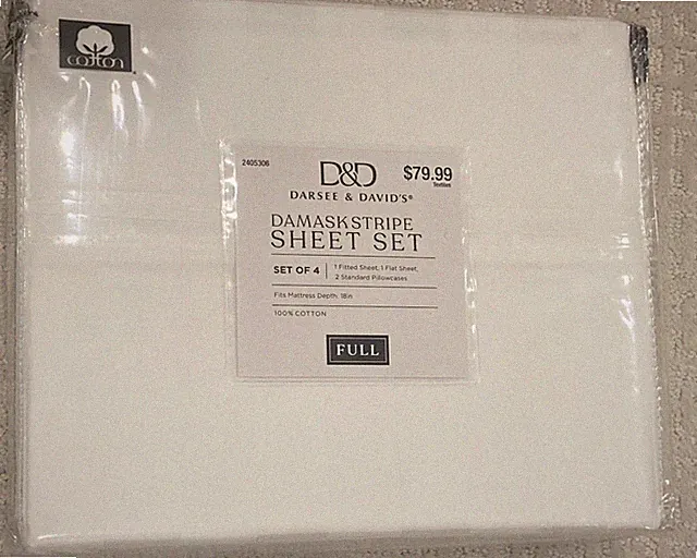 D&D Darsee David's Damask Stripe Sheet Set Full 400 Thread Count White