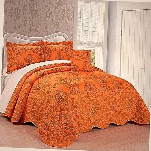 Damask 4 Piece Bedspread Set, Scalloped Oversized Queen 110" x 120" Nectarine