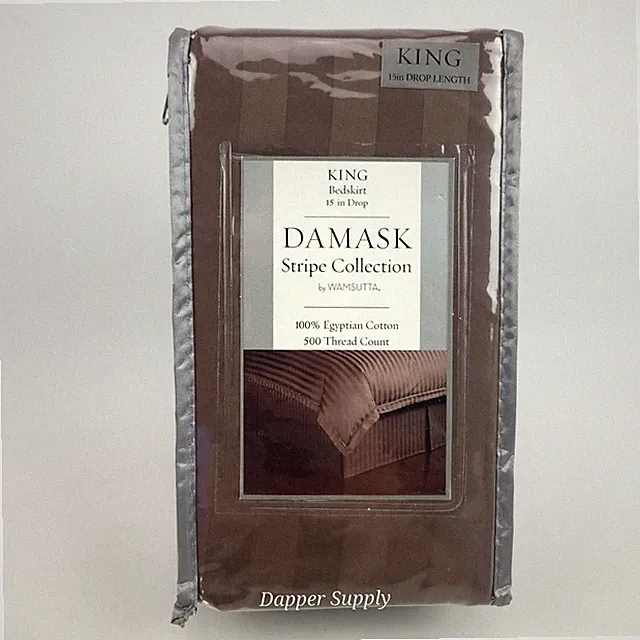 DAMASK STRIPE King Bedskirt 15" Drop Cotton 350TC Chocolate Color New