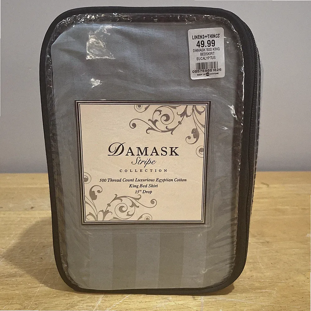 Damask Stripe Linens N Things Eucalyptus Green 500 TC King Bed Skirt 15" Drop