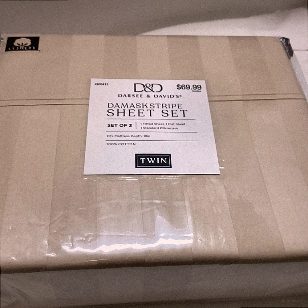 Damask Stripe Taupe 3pc 100% Cotton Sheet Set Twin 400 Thread Darsee & David
