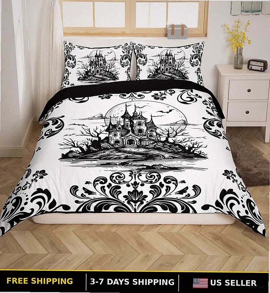 Erosebridal King Damask Castle Bedding Set, Black White Halloween Comforter
