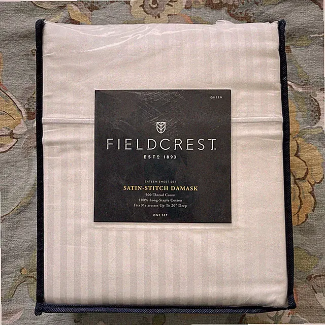 Fieldcrest Luxury Satin-Stitch Damask Stripe Sheet Set 4pc Queen True White New