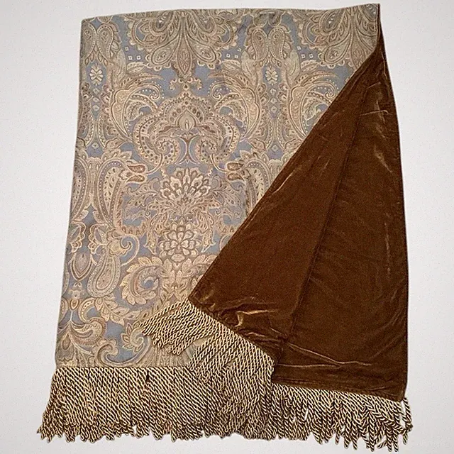 Fringed Paisley Jacquard Damask Velour Boho Blanket Twisted Rope Blue Brown