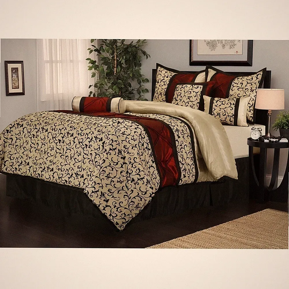 Full Queen Cal King Bed Black Beige Red Scroll Damask 7 pc Comforter Set Bedding