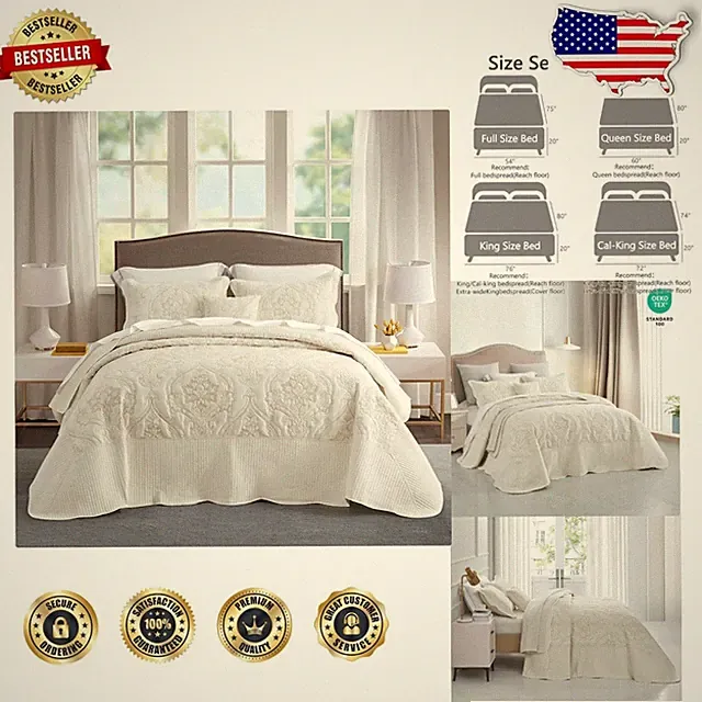 Gorgeous Damask Paisley King Bedspread Set - Oversized, Reversible, Ivory-Yellow
