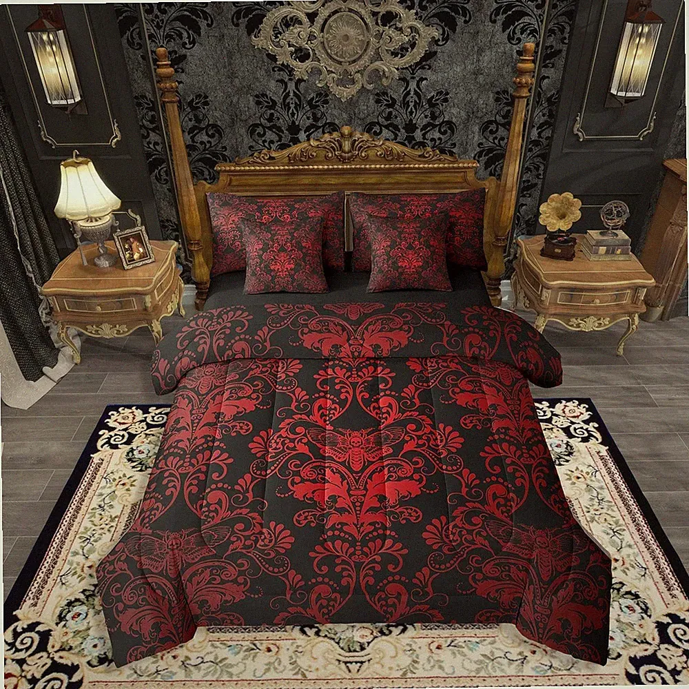 Gothic Damask 7-Piece Full Comforter Set, Red Black Floral Design