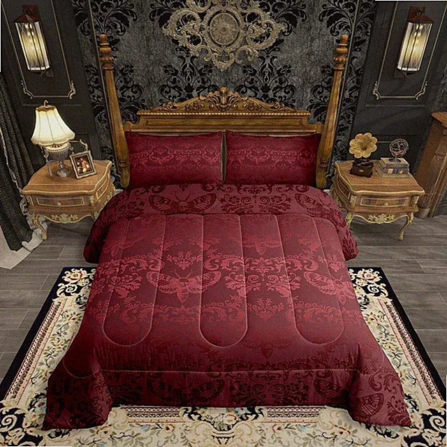 Gothic King Comforter Set Burgundy Moth Goth Bedding Sets Vintage Damask Boho Be