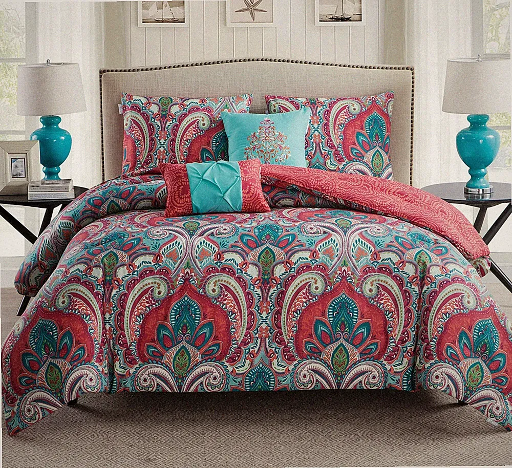 King Size Coral Blue Green Paisley Damask 5 pc Comforter Set Reversible Bedding