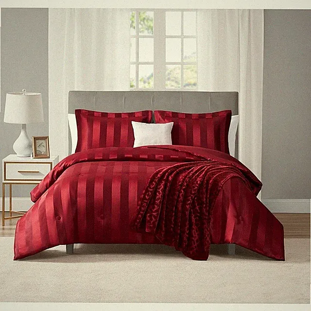 Luscious Merlot 5 Piece Damask Stripe Comforter Set W/ Plush Throw & Pillows New