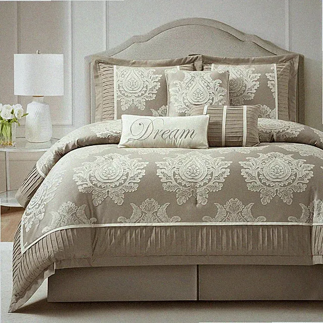 Luxurious Beige King Comforter Set 7 Pieces with Damask & Decorative Pillows
