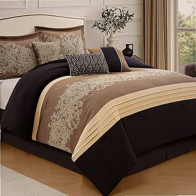 Luxurious Black Gold 7-Piece California King Comforter Set with Pillows & Skirt