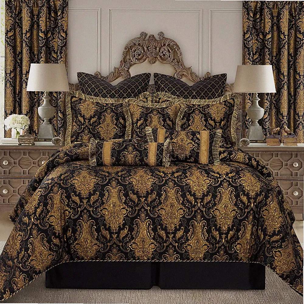 Luxury Black Damask 9-Piece Jacquard Comforter Set - King Size Bedding