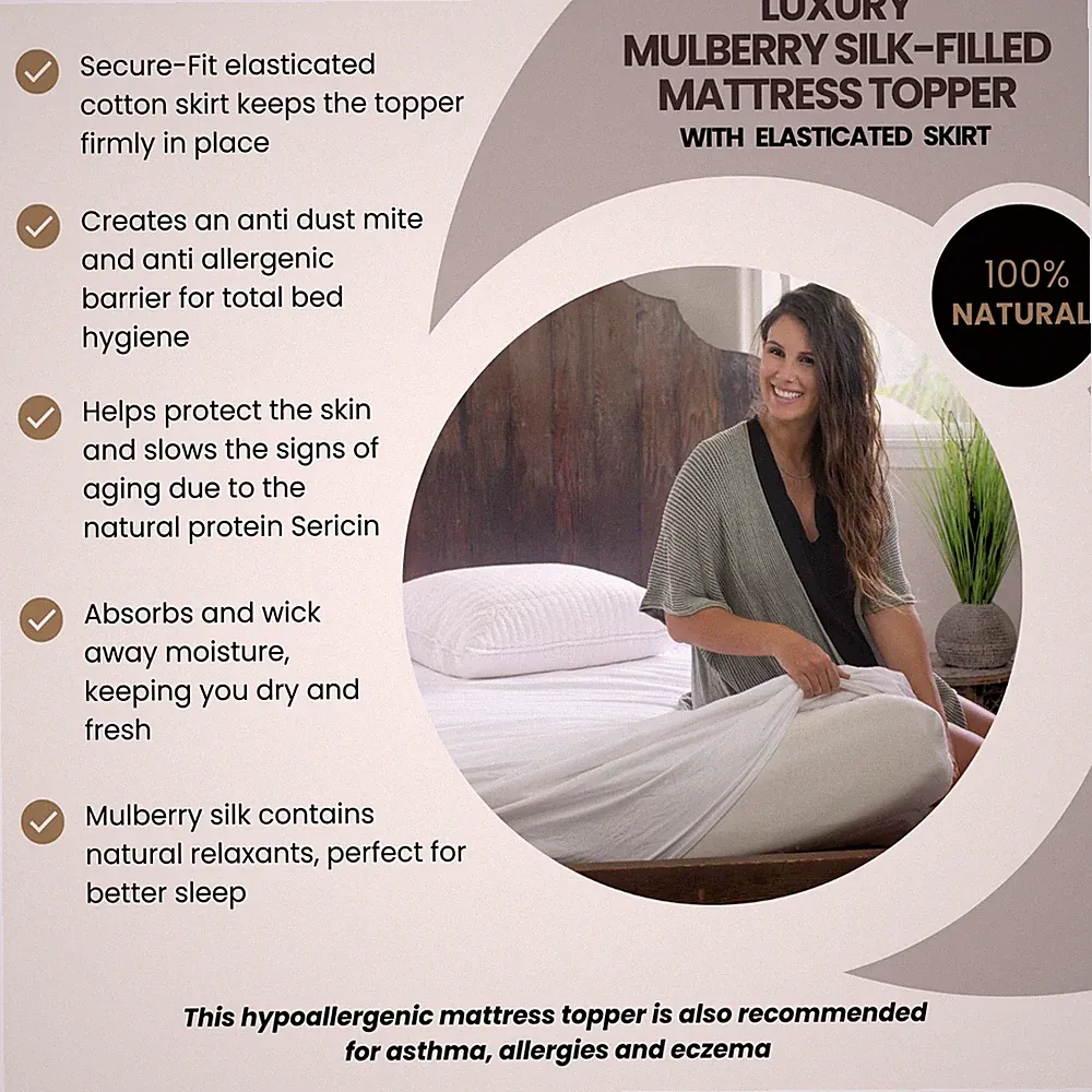 Luxury Silk-Filled Mattress Topper with Cotton Elasticated Skirt. All Sizes.