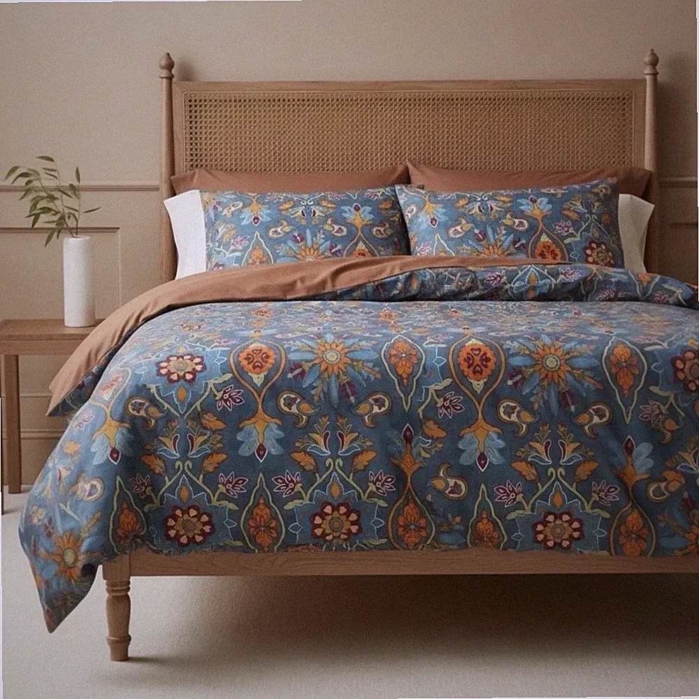 NEW Anthro Blue Damask Boho Queen King Egyptian Cotton Bedding Duvet & Sham Set