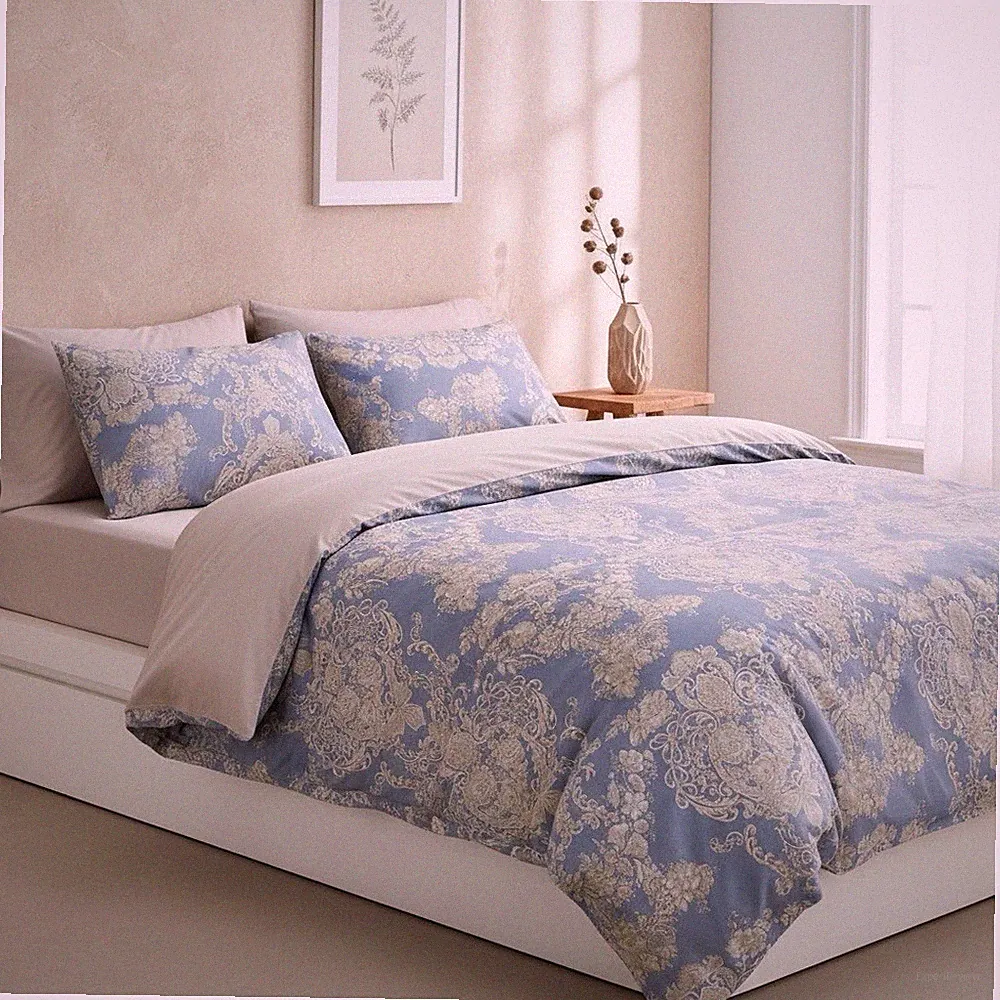 NEW Anthropologie Blue Damask Lux 100% Cotton Boho Queen Bedding Duvet Sham Set