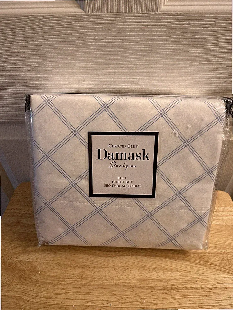 New Charter Club Damask Window Pane White Blue 550TC Full Sheet Set 4Pc