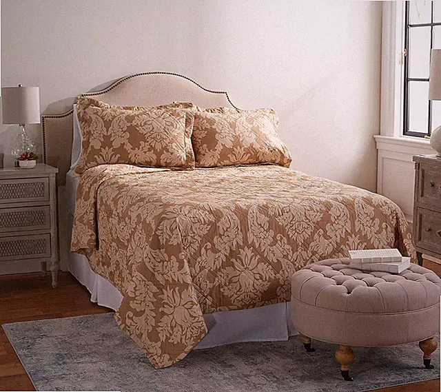 Northern Nights 100% Cotton Printed Damask Coverlet Set - Gold (Full)