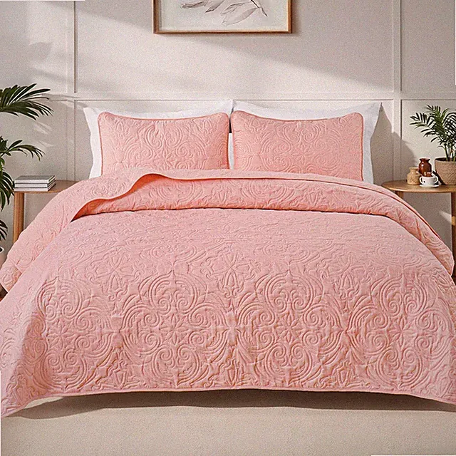 Oversized King Quilt Set Blush Pink Damask Bedspread with 2 Shams