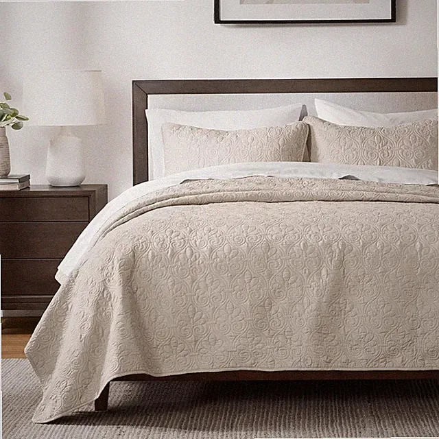 Quebec Quilt Set - Luxurious Damask Stitching Design, Cotton Filled Lightweight