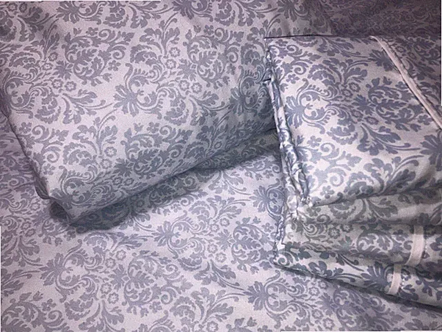 Queen Sheet Set 6 Pc Blue Damask Polyester 4 Pillowcases Flat Fitted