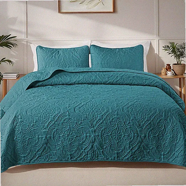 Quilts Queen Size Bedding Set with 2 Pillow Shams, Lightweight Dusty Teal Ful...