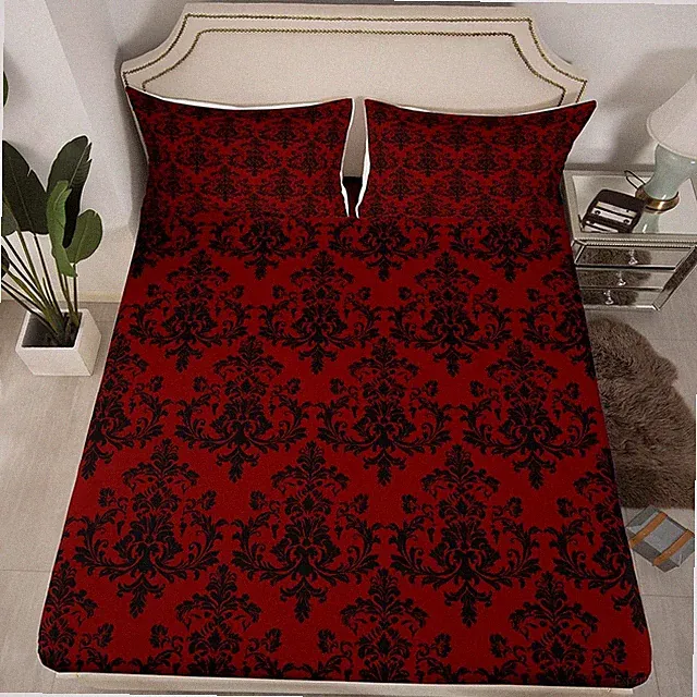 Red Black Damask Fitted Sheet Twin Size,Vintage Gothic Lace Floral Print Matt...