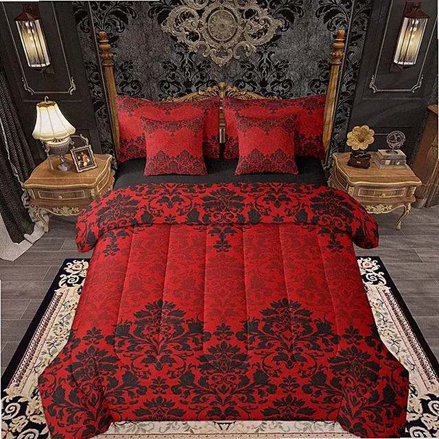 Red Black Gothic Damask Comforter Set Queen Size 7 Pieces Antique Victorian Baro