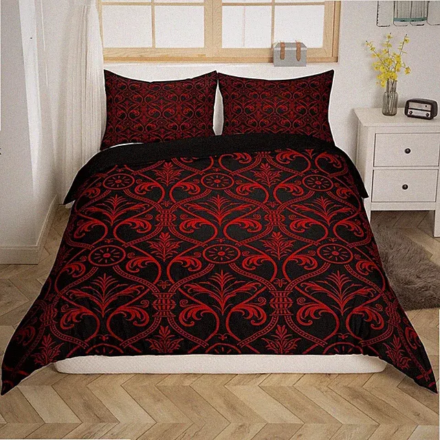Red Black Ombre Gothic Bedding Set Queen For Boys,Vintage Goth Floral Damask...
