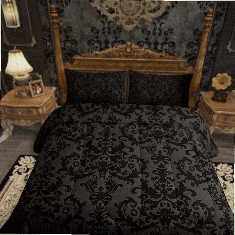 Reversible Gothic Full Bedding Set - Soft Black Damask Comforter & Pillowcases